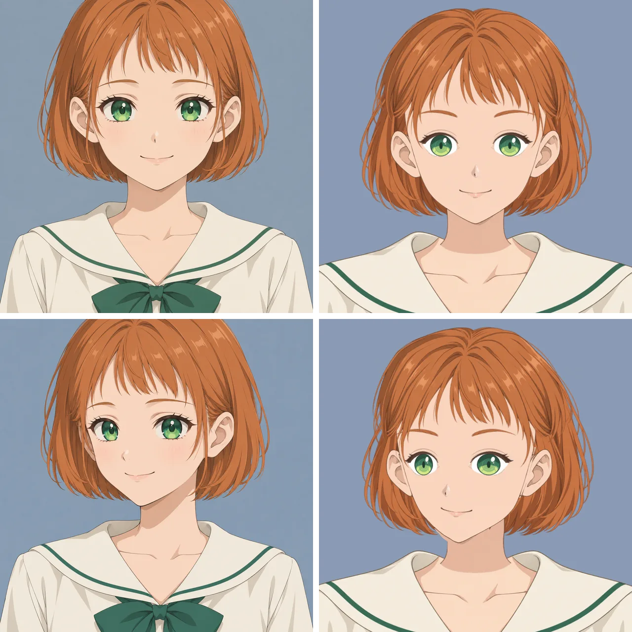 The same orange-haired character in a sailor uniform, four times in a two-by-two grid. Top row: the front reference illustration and the rigged character at rest. Bottom row: a reference drawn with the head turned 30 degrees and the rigged character turned to its limit.