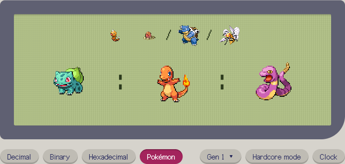 The clock ticking from Bulbasaur : Charmander : Ekans onward, switching to decimal and back